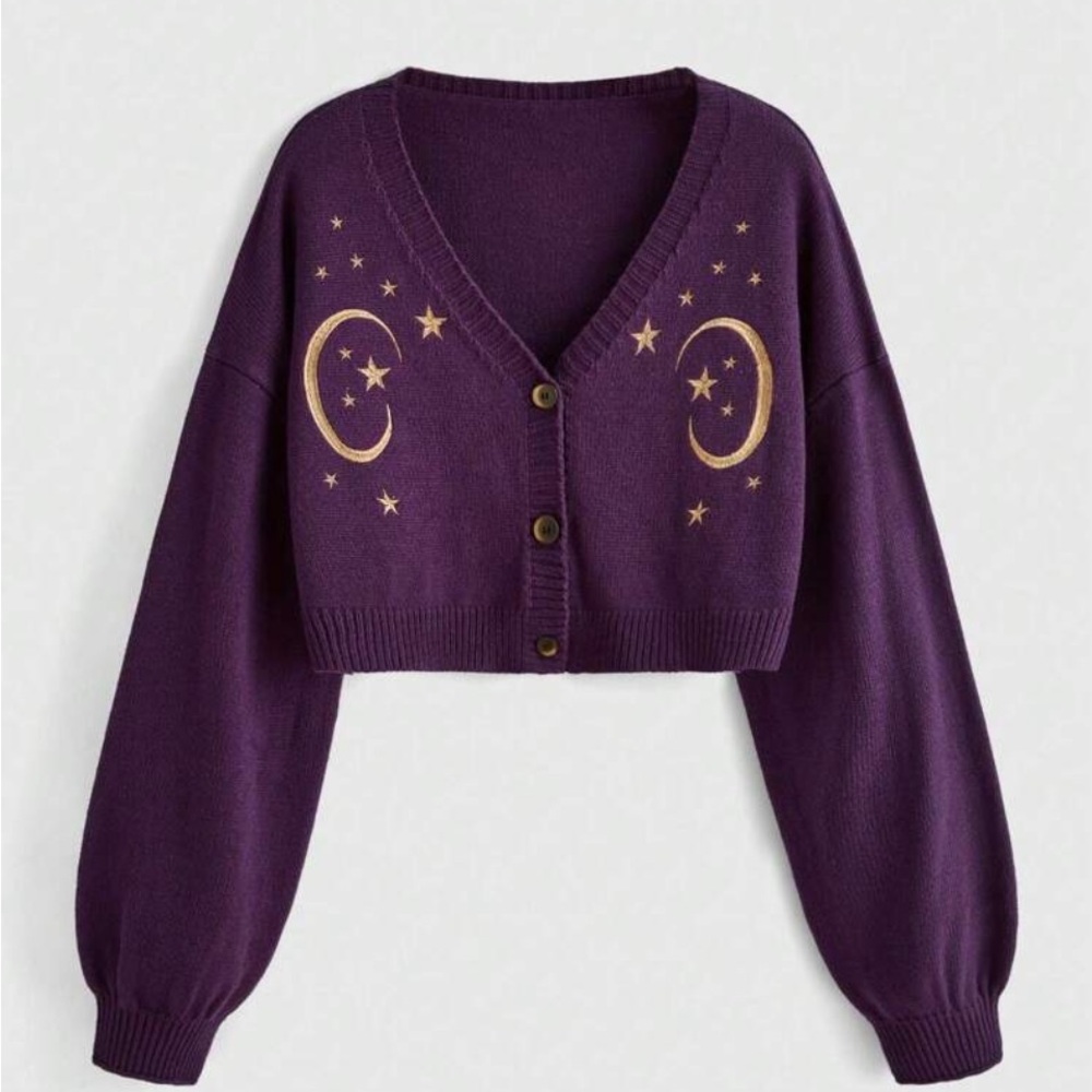 ROMWE Purple Cardigan with Star and Moon Embroidery - Picture 10 of 16